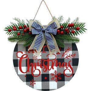 Merry Christmas Wreath for Front Door Buffalo Plaid Christmas Decoration (Black)